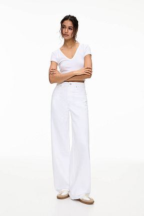 شلوار جین سفید زنانه پاچه گشاد Pull & Bear - کد 895649275