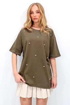 تیشرت خاکی زنانه اورسایز Trend Alaçatı Stili - کد 891522640