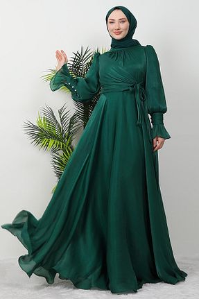 لباس مجلسی حجاب سبز زنانه یقه ایستاده GİZ AGİYİM - کد 894203709