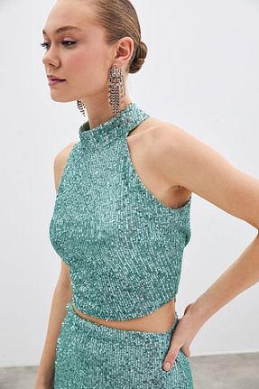 بلوز فیروزه ای زنانه ساده Sateen - کد 893790138