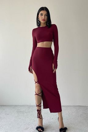 ست بالاتنه و پائین تنه زرشکی زنانه بافتنی barış sülün lovebox - کد 892682108