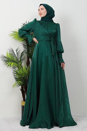 لباس مجلسی حجاب سبز زنانه یقه ایستاده GİZ AGİYİM - کد 894203709
