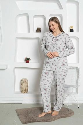 ست لباس راحتی سایز بزرگ طوسی زنانه گلدار bie