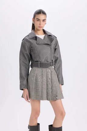 کاپشن طوسی زنانه چرم مصنوعی Defacto - کد 890467369