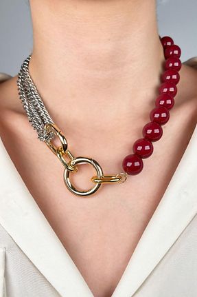 گردنبند جواهر زرشکی زنانه برنجی Sose Moda - کد 894195518