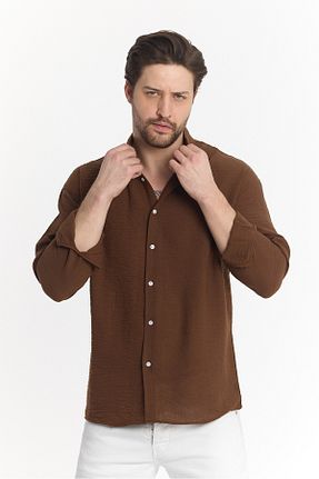پیراهن قهوه ای مردانه اورسایز BİYOGRAF - کد 894036202