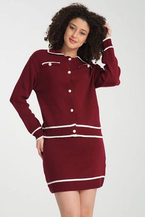 ست بالاتنه و پائین تنه زرشکی زنانه تریکو Abalı - کد 894705082