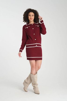 ست بالاتنه و پائین تنه زرشکی زنانه تریکو Abalı - کد 894705082