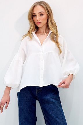 پیراهن سفید زنانه یقه پیراهنی Trend Alaçatı Stili - کد 894027656