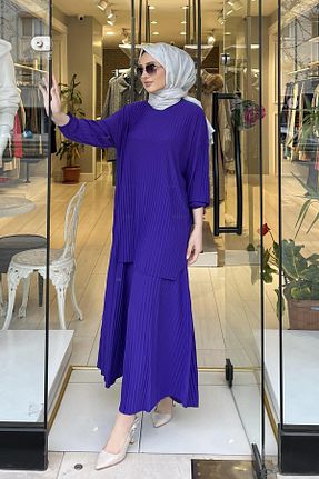 ست بالاتنه و پائین تنه بنفش زنانه بافتنی MYBASİC - کد 809397970