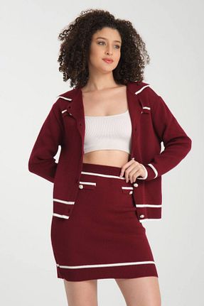 ست بالاتنه و پائین تنه زرشکی زنانه تریکو Abalı - کد 895208104