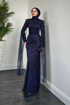 لباس مجلسی حجاب سرمه ای زنانه یقه ایستاده MERVEN AKYÜZ - کد 896817025