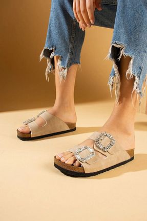 دمپائی بژ زنانه چرم مصنوعی Moda Kadıköy - کد 896299646