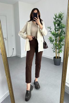 شلوار جین قهوه ای زنانه پاچه ساده ByCukurovaFrango - کد 896351415