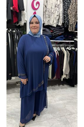 ست لباس مجلسی سایز بزرگ آبی زنانه آستین بلند behrem - کد 896423473