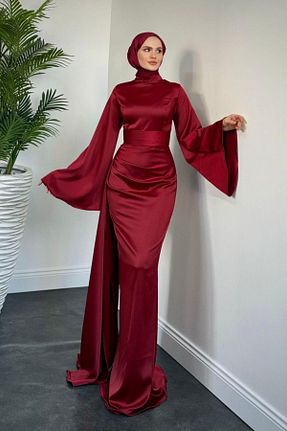 لباس مجلسی حجاب زرشکی زنانه یقه ایستاده MERVEN AKYÜZ - کد 897850025