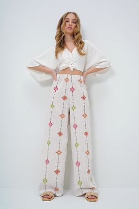 شلوار قهوه ای زنانه کتان Trend Alaçatı Stili - کد 896524398