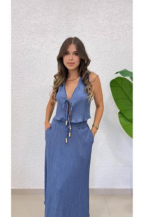 ست بالاتنه و پائین تنه آبی زنانه بافتنی Nazline - کد 895172306