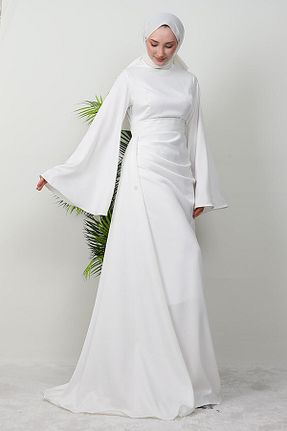لباس مجلسی حجاب سفید زنانه یقه ایستاده GİZ AGİYİM - کد 895174878