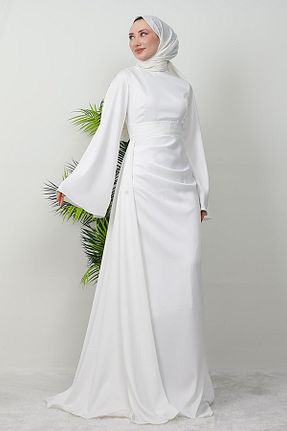 لباس مجلسی حجاب سفید زنانه یقه ایستاده GİZ AGİYİM - کد 895174878