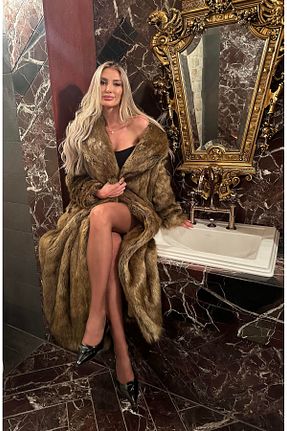 پالتو پشمی قهوه ای زنانه اورسایز ByRanaBuyuk - کد 896575494