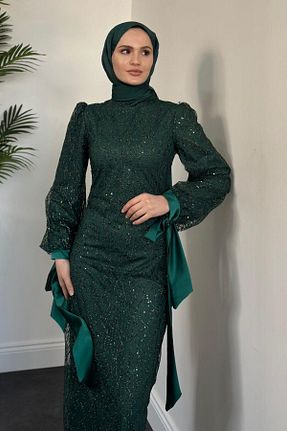 لباس مجلسی حجاب سبز زنانه یقه ایستاده MERVEN AKYÜZ - کد 897421469