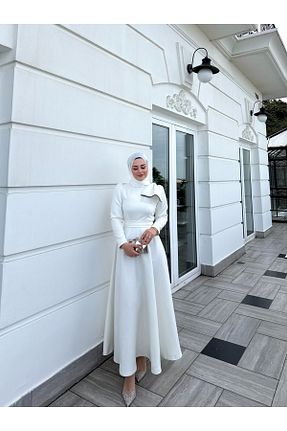 لباس مجلسی حجاب سفید زنانه یقه ایستاده BYATEİLER - کد 897430897