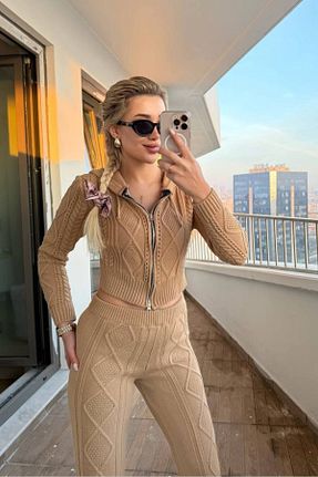 ست بالاتنه و پائین تنه قهوه ای زنانه تریکو Abalı - کد 896909386