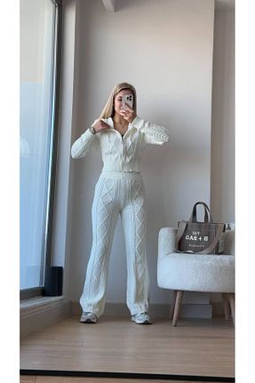 ست بالاتنه و پائین تنه سفید زنانه تریکو Abalı - کد 896910059