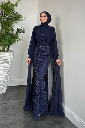 لباس مجلسی حجاب سرمه ای زنانه یقه ایستاده MERVEN AKYÜZ - کد 897850138