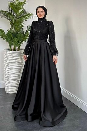 لباس مجلسی حجاب مشکی زنانه یقه ایستاده MERVEN AKYÜZ - کد 897849986