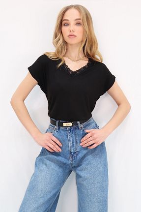 تیشرت مشکی زنانه یقه هفت Trend Alaçatı Stili - کد 896524068