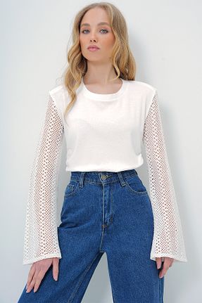 بلوز سفید زنانه ساده Trend Alaçatı Stili - کد 896524025