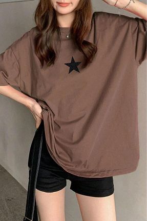 تیشرت قهوه ای زنانه اورسایز NO 601 - کد 894865066