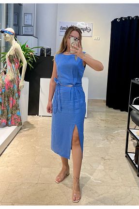ست بالاتنه و پائین تنه آبی زنانه مخلوط کتان ŞEYMA KANDEMİR - کد 837054877