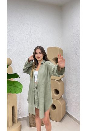 کیمونو و کافتان خاکی زنانه مخلوط کتان Nazline - کد 896023081