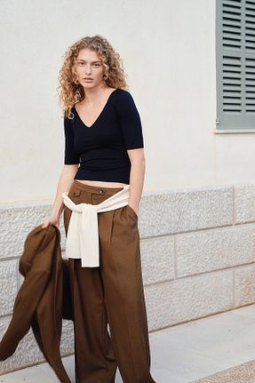 تیشرت مشکی زنانه یقه هفت H&M - کد 897413626