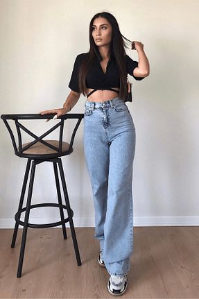 شلوار جین آبی زنانه پاچه گشاد LİMABEL - کد 896149253