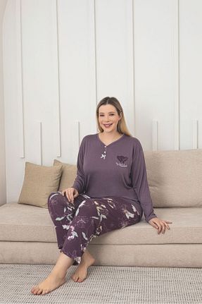 ست لباس راحتی سایز بزرگ بنفش زنانه طرح دار Asel - کد 924198640