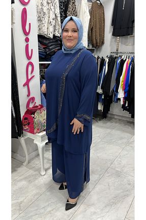 ست لباس مجلسی سایز بزرگ آبی زنانه آستین بلند behrem - کد 896423473