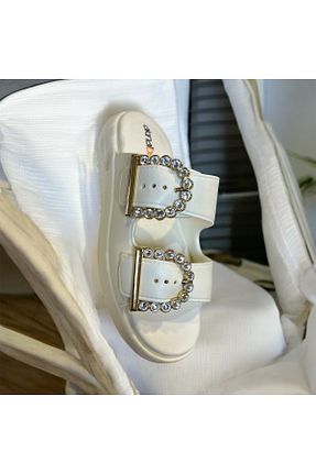 دمپائی سفید زنانه چرم مصنوعی Akınal Bella - کد 896573179