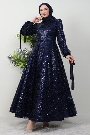 لباس مجلسی حجاب سرمه ای زنانه یقه ایستاده GİZ AGİYİM - کد 896584547