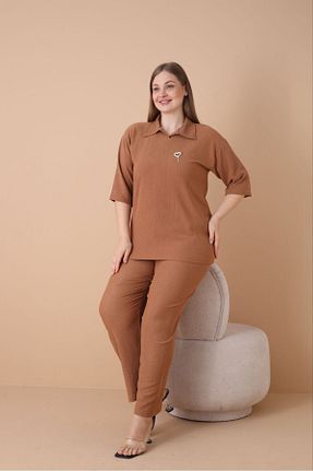 ست بالاتنه و پائین تنه سایز بزرگ قهوه ای زنانه فاق بلند şuranur - کد 896652758