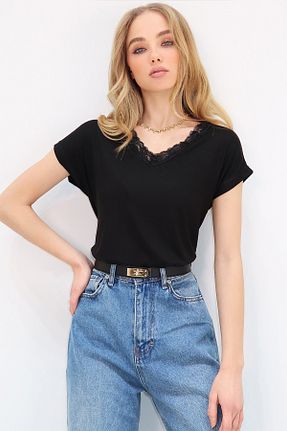 تیشرت مشکی زنانه یقه هفت Trend Alaçatı Stili - کد 896524068
