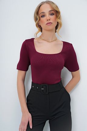بلوز زرشکی زنانه ساده Trend Alaçatı Stili - کد 896524032