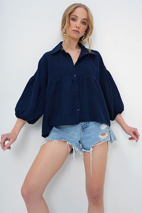 پیراهن سرمه ای زنانه یقه پیراهنی Trend Alaçatı Stili - کد 896524467