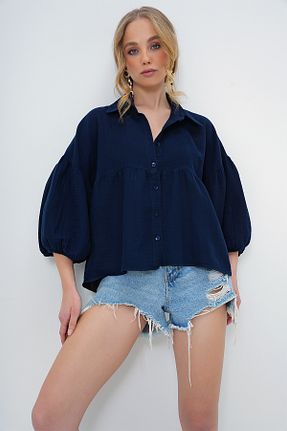 پیراهن سرمه ای زنانه یقه پیراهنی Trend Alaçatı Stili - کد 896524467