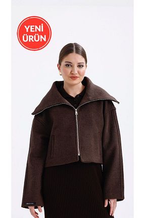 پالتو پشمی حجاب قهوه ای زنانه کراپ Perryes - کد 897024296