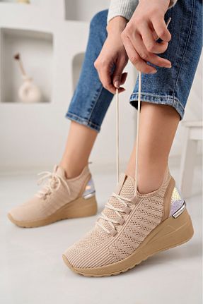 کفش اسنیکر بژ زنانه بند دار moda sara - کد 897415212