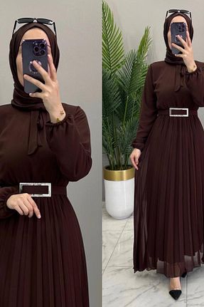 لباس مجلسی سایز بزرگ قهوه ای زنانه یقه ایستاده Mercan - کد 898211637